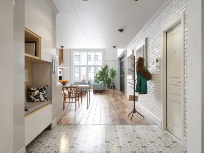 Modern Hallway With Coat Hanger Living Room Dining Table And Houseplants